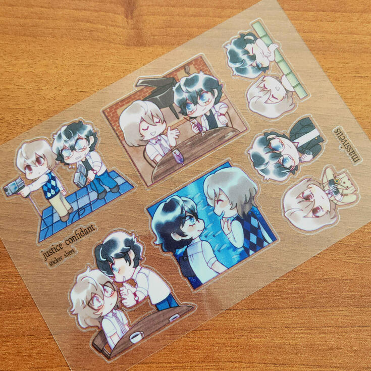 photograph of a clear sticker sheets. all the stickers depict akechi and ren from persona 5