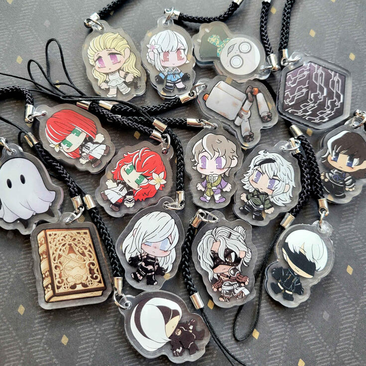 16 drakenier phone charms; nier reincarnation: mama and fio nier replicant: kaine emil skeleton emil child papa brother grimoire weiss nier automata: pod black box a2 2b 9s devola and popola. drakengard 1: caim